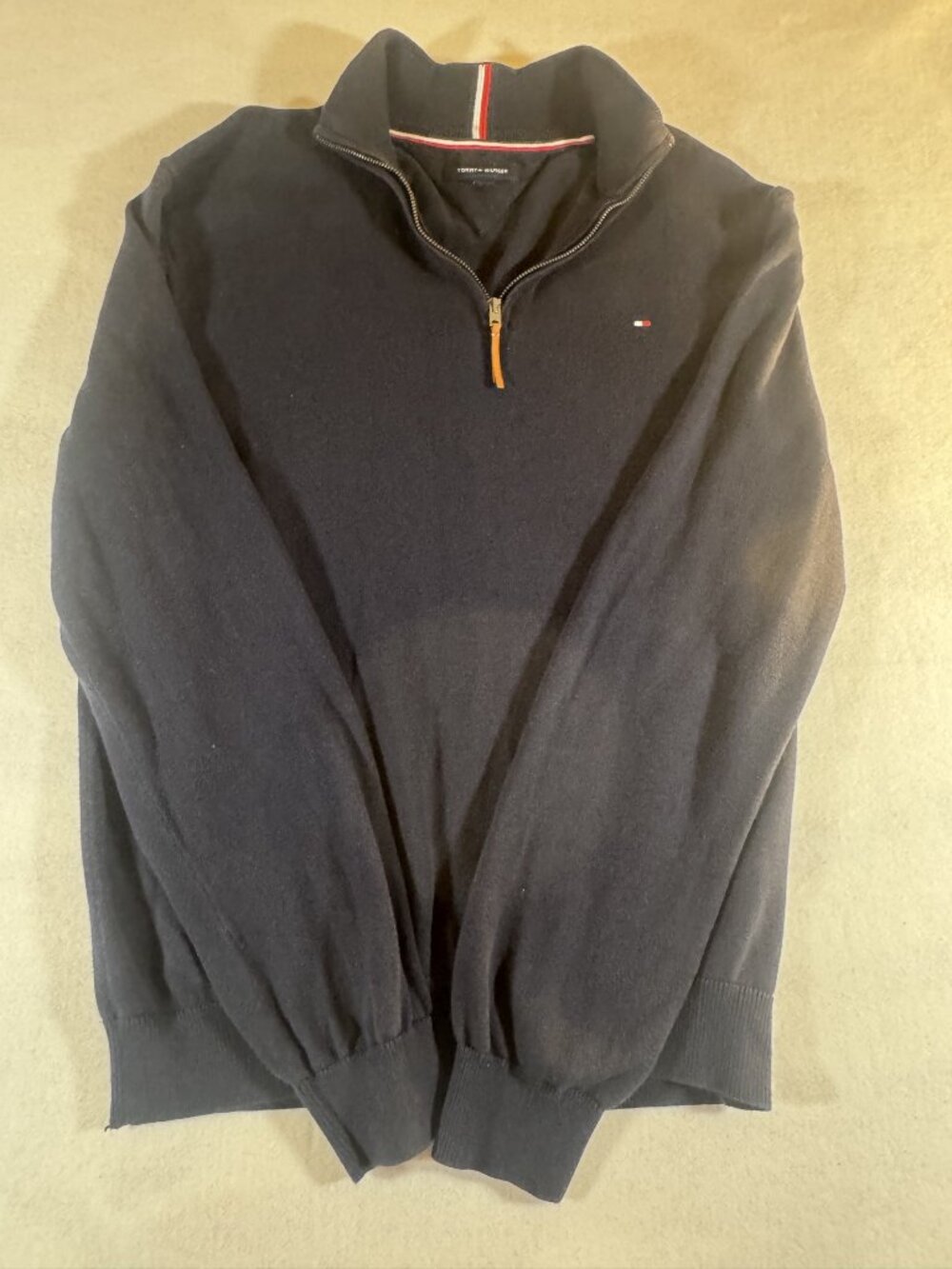 Tommy Hilfiger Mens XL Navy Blue Quarter Zip Pullover Sweater 100% Cotton Knit